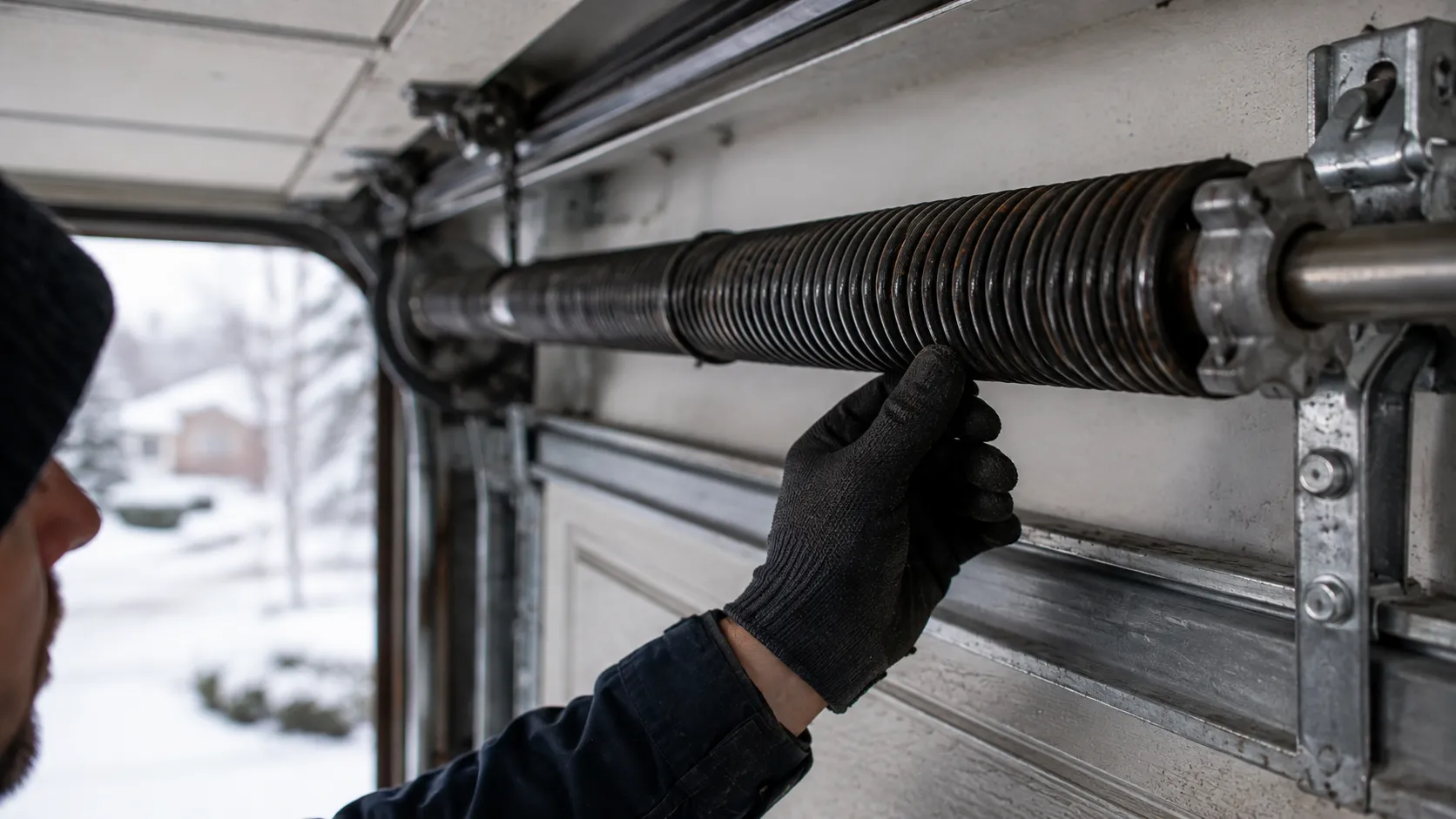 Garage door detail illustrating cold weather and broken springs around austin